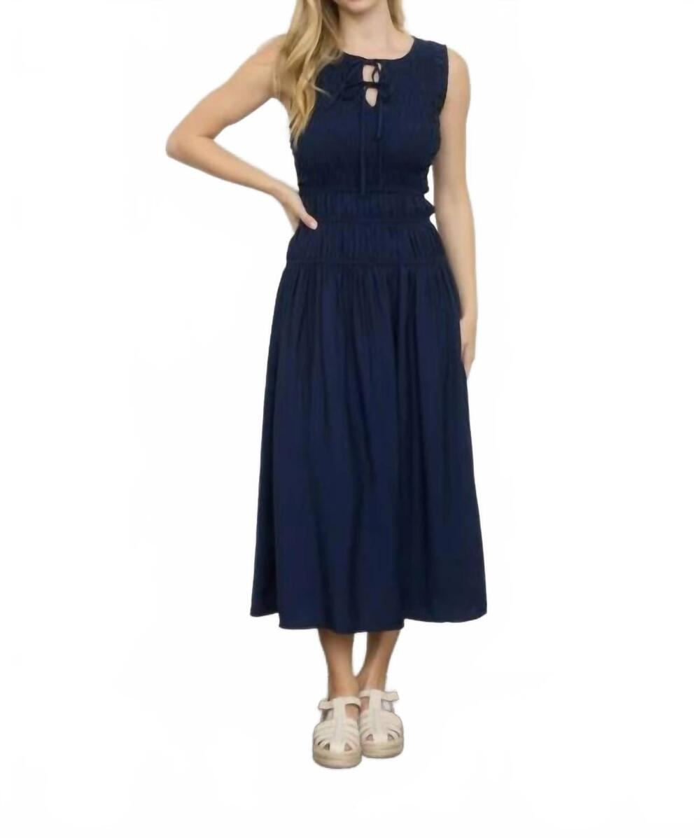 NEW MINE AND E&M front tie smocked sleeveless shirred midi dress in navy